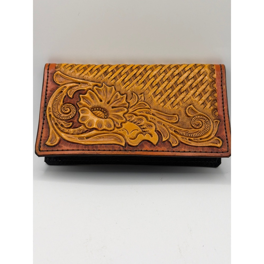 Brand New Hand Tooled Leather Checkbook Cover/ Wallet‎ basket weave floral
